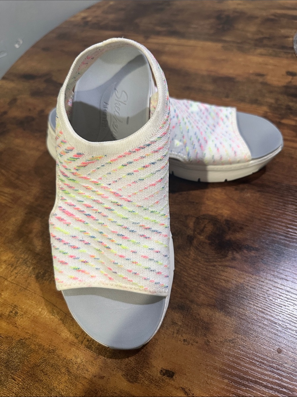 Skechers White Knit Open-Toe Slip-On Sandals with Multicolor Flecks